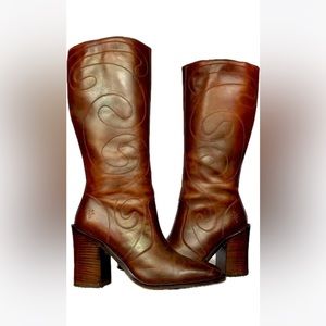 FRYE Vintage Retro Swirl Stitching Tall Chunky High Heel Brown Leather Boots 10B